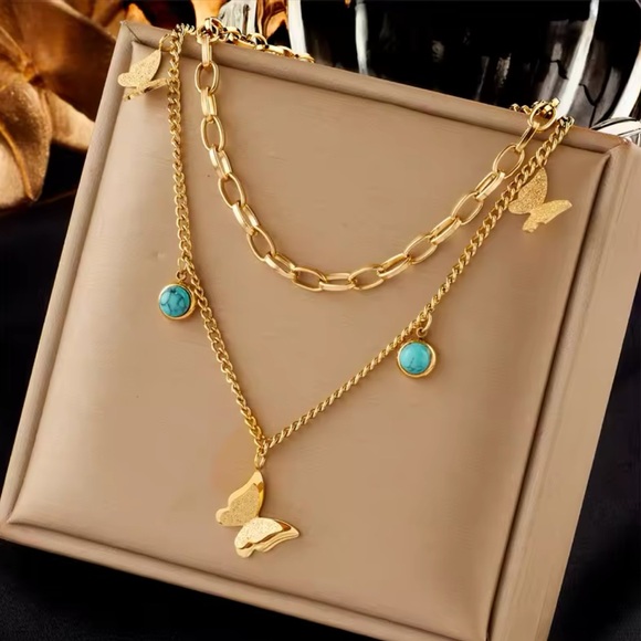 Gold Filled Turquoise Butterfly Multilayer Necklace - Picture 1 of 1